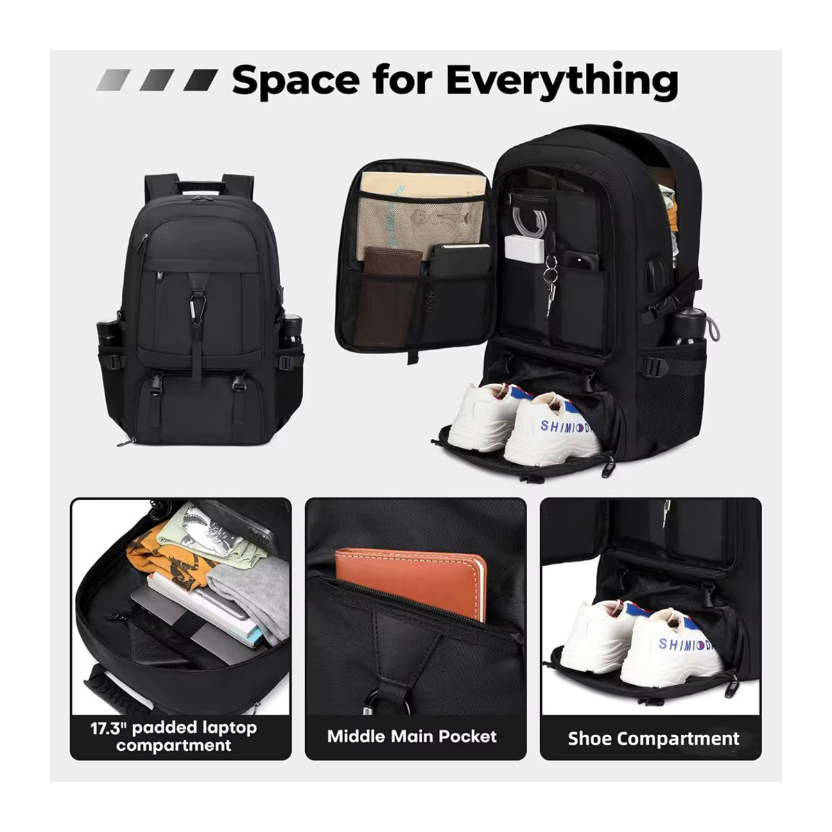 YXXBXXY Flugzugelassener Rucksack in Schwarz, wasserabweisendes Handgepäck für Reisen, passend für 17–18 Zoll Laptop, modernes Design - Bild 6