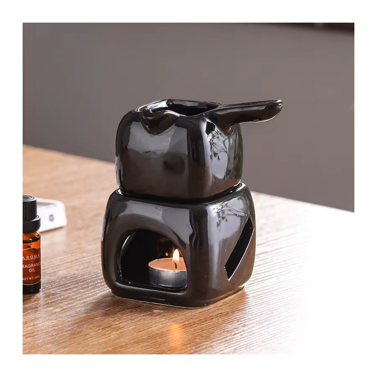 YXYMCF Aromatherapie Lampe aus Keramik mit Griff, quadratischer Teelicht-Wärmer für ätherische Öle, Weiß und Schwarz, 150 ml - Bild 1