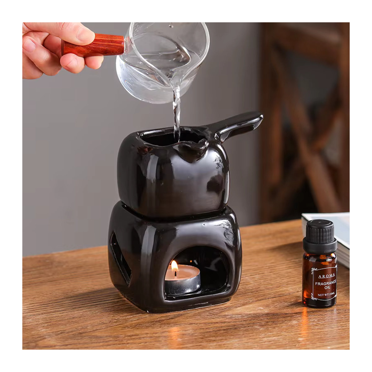 YXYMCF Aromatherapie Lampe aus Keramik mit Griff, quadratischer Teelicht-Wärmer für ätherische Öle, Weiß und Schwarz, 150 ml - Bild 3