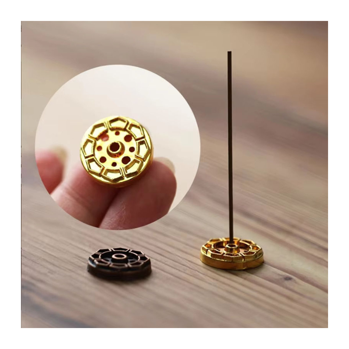 YXYMCF Mini-Räuchergefäß aus Metall und Holz in Rot-Gold mit floralem Design für Meditation und Heimdekoration - Bild 2