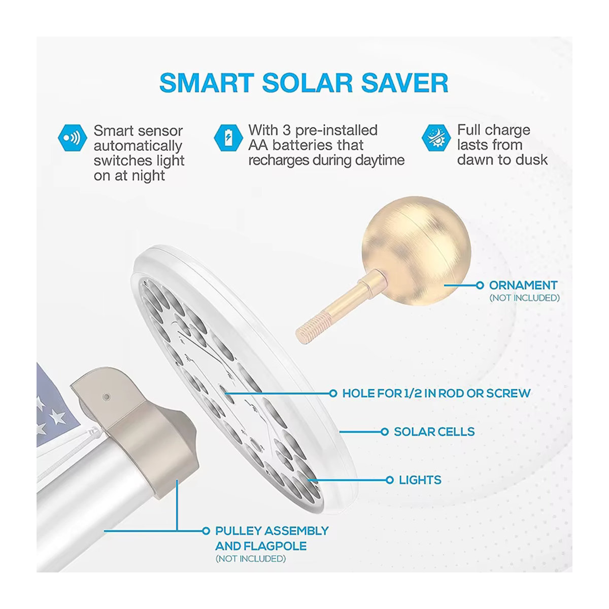 YYWAVLET Solar-Fahnenmastleuchte mit 26 LED in Gold und Weiß - Bild 3