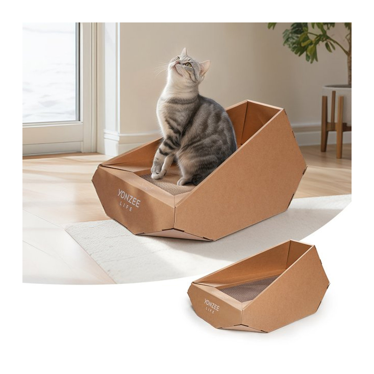 YZ Katzenhaus und Katzenkratzer aus Wellpappe in Braun, zusammenklappbares Katzenbett mit Kratzpads - Bild 1