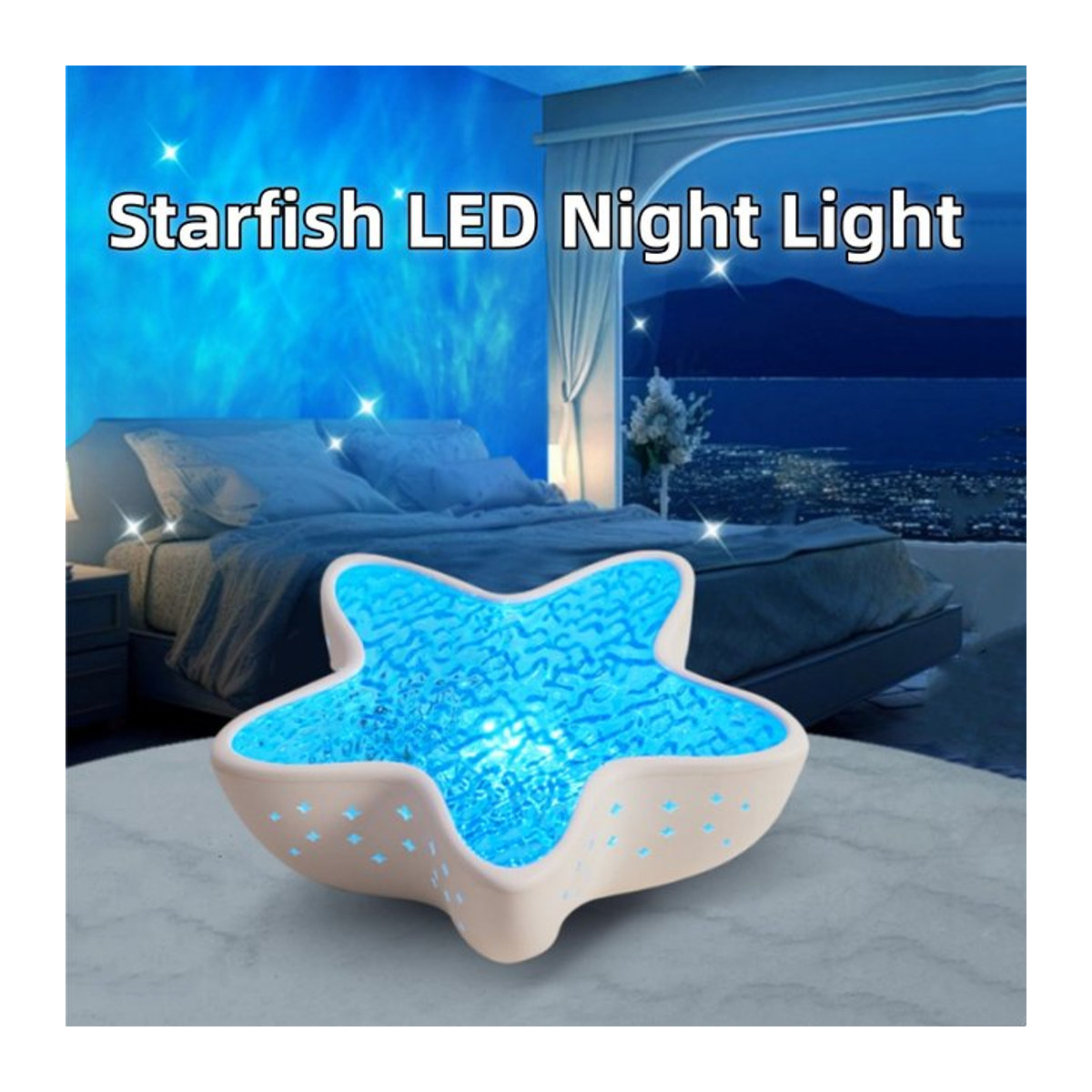 YzzYzz Seestern LED Nachtlicht als wiederaufladbare Tischlampe mit Ozean-Wellen-Projektor in Weiß - Bild 1