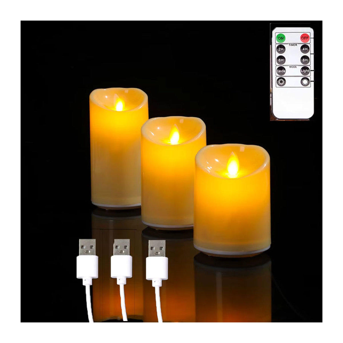 Zabicat LED-Stumpenkerzen mit Fernbedienung und Flackereffekt, USB-aufladbare elektrische Kerzen in Weiß, Höhe: 10 cm, 12,5 cm oder 15 cm - Bild 3