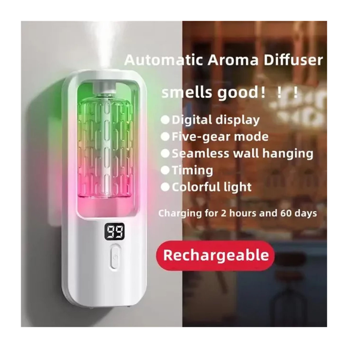ZAOXI Elektrischer Diffusor für ätherische Öle mit USB-Anschluss, 50ml, Weiß, Wandmontiert mit Digitalanzeige und Multi-Mode LED - Bild 1