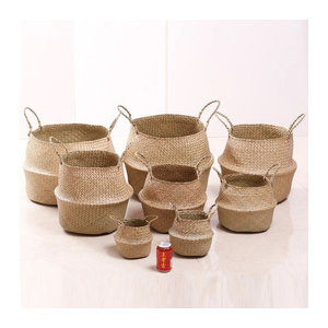 Zerolife Handgewebter Weidenkorb aus Seaweed und Rattan in Beige, runder Wäschekorb und Blumentopf im Bohemian-Stil