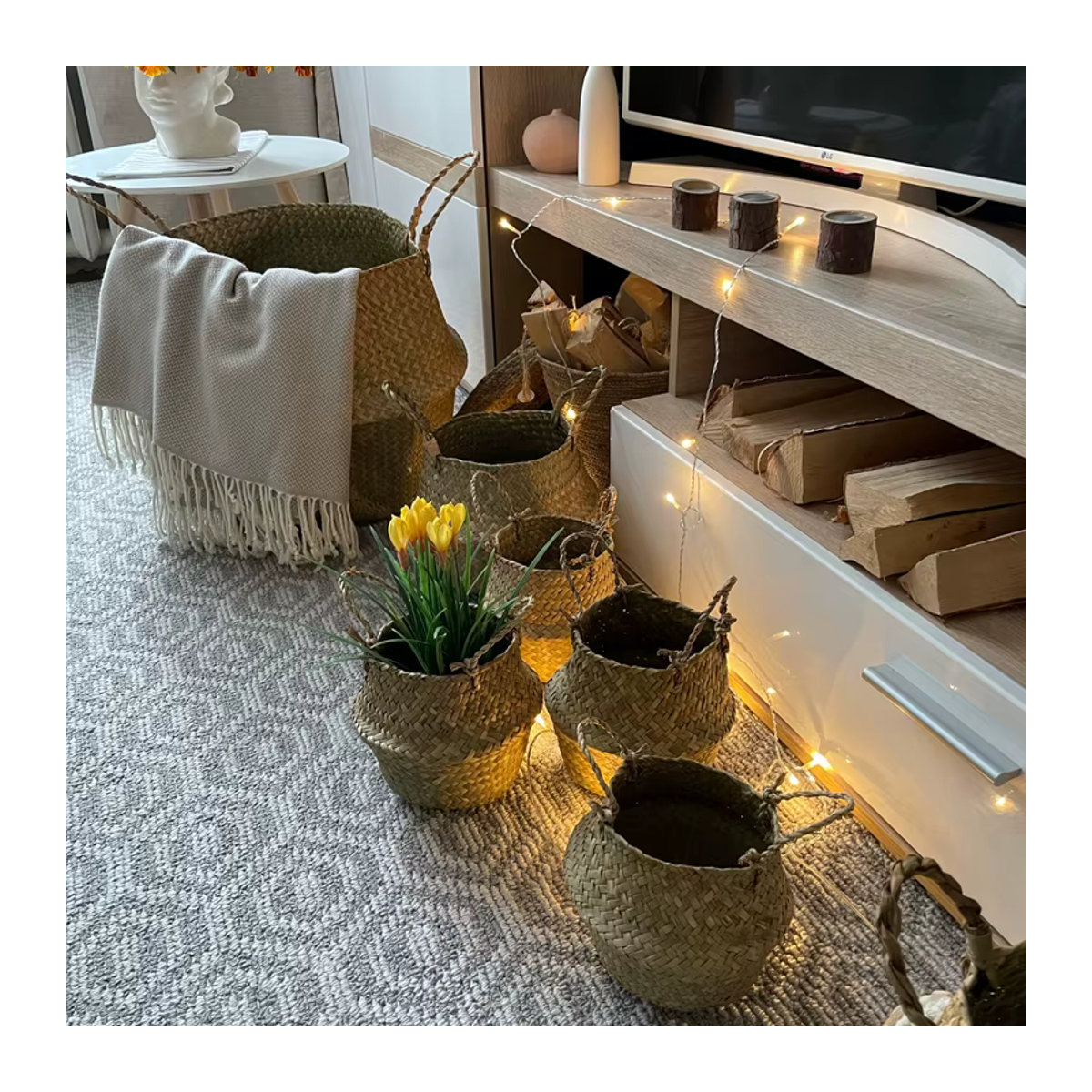 Zerolife Handgewebter Weidenkorb aus Seaweed und Rattan in Beige, runder Wäschekorb und Blumentopf im Bohemian-Stil - Bild 3