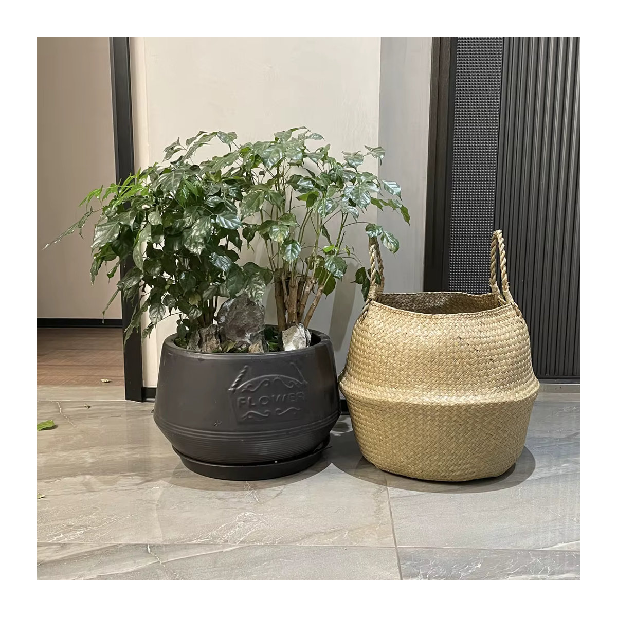 Zerolife Handgewebter Weidenkorb aus Seaweed und Rattan in Beige, runder Wäschekorb und Blumentopf im Bohemian-Stil - Bild 4