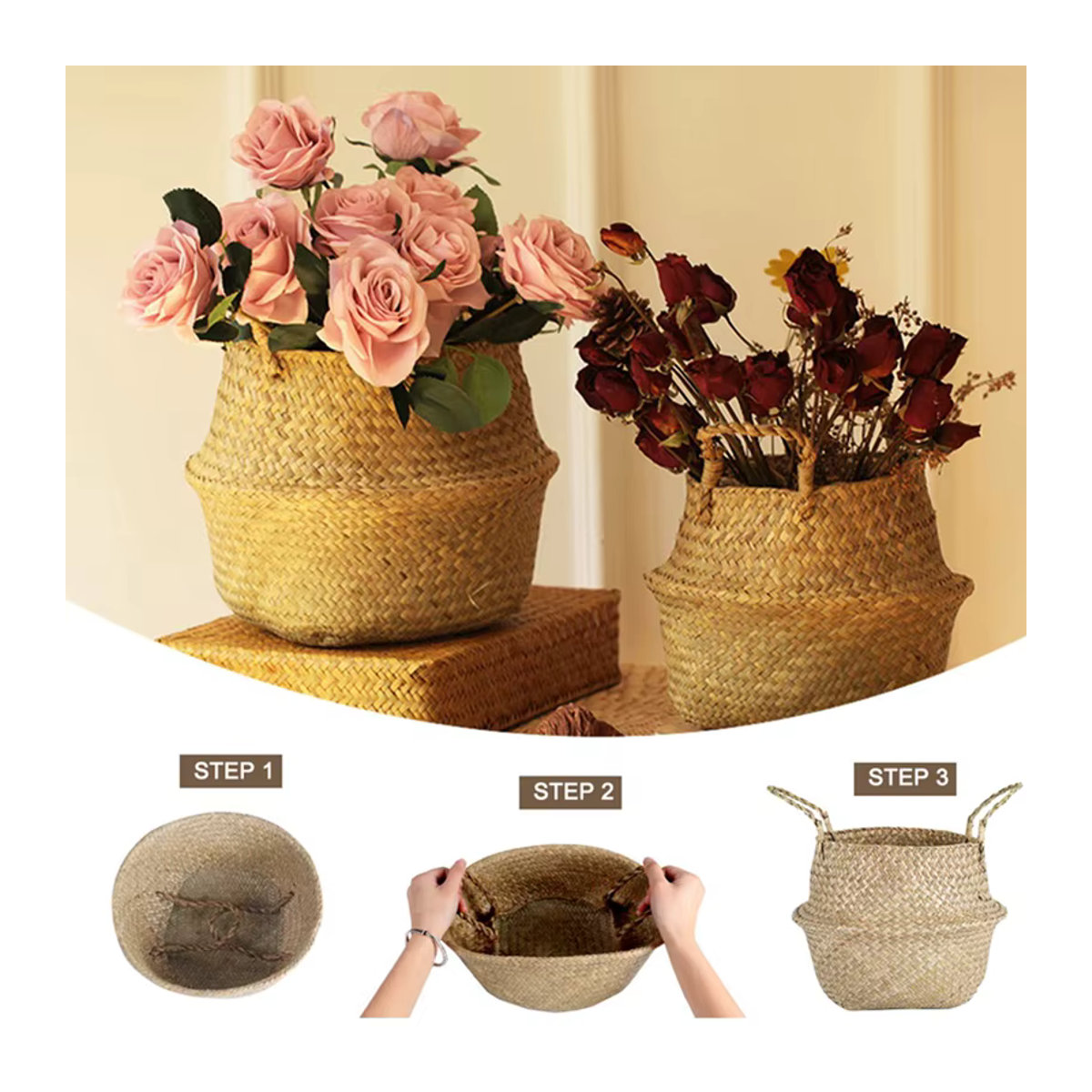 Zerolife Handgewebter Weidenkorb aus Seaweed und Rattan in Beige, runder Wäschekorb und Blumentopf im Bohemian-Stil - Bild 6