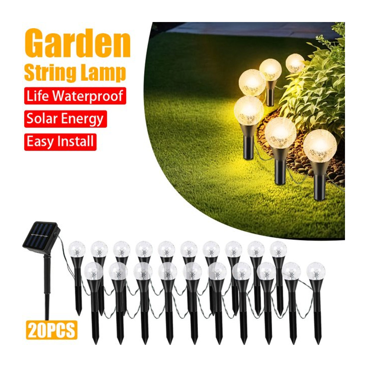 ZHIYU Solar-LED-Lichterkette mit 20 LEDs für den Außenbereich in Schwarz - Bild 1