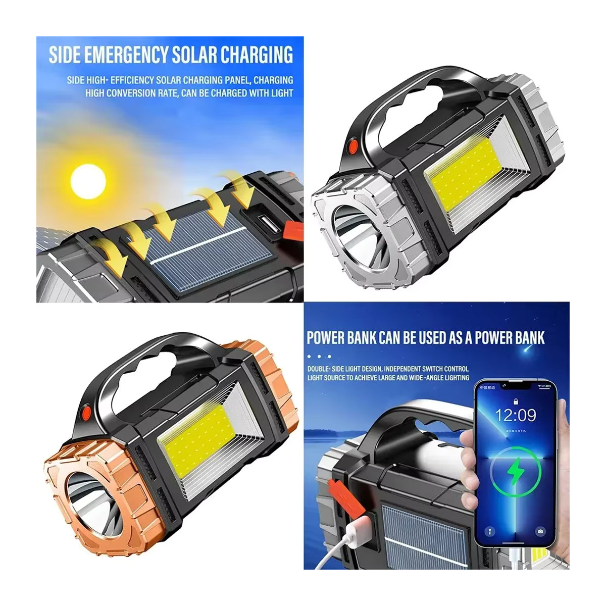 ZHIYU Tragbare Solar-LED-Taschenlampe mit COB-Arbeitslicht und USB-Aufladung für Camping und Outdoor - Bild 2