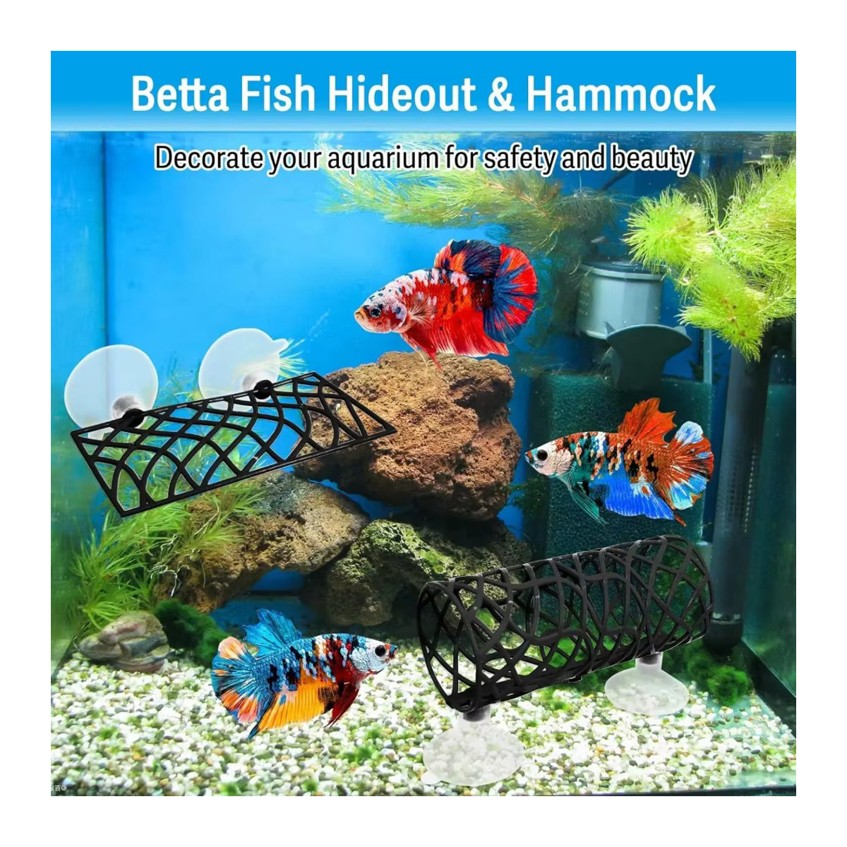 ZHUOJI Betta-Fischversteck mit Hängematte und Hohltunnel in Schwarz für dein Aquarium - Bild 5