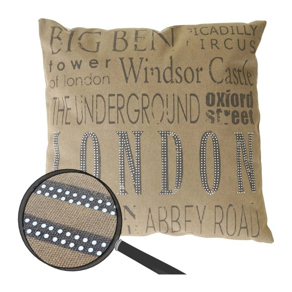 Zierkissen London von MCW in Braun mit Glitzersteinen und Füllung, B/T/H: 45 x 45 x 45 cm - Bild 1