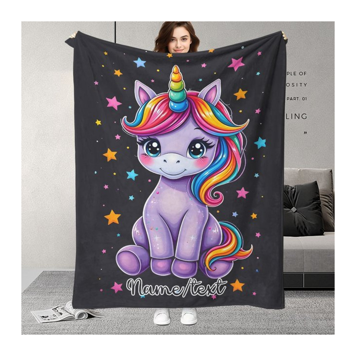 ZIZ Decke mit individuellem Namen und Einhornmuster in Schwarz zur Wärmung - Bild 1