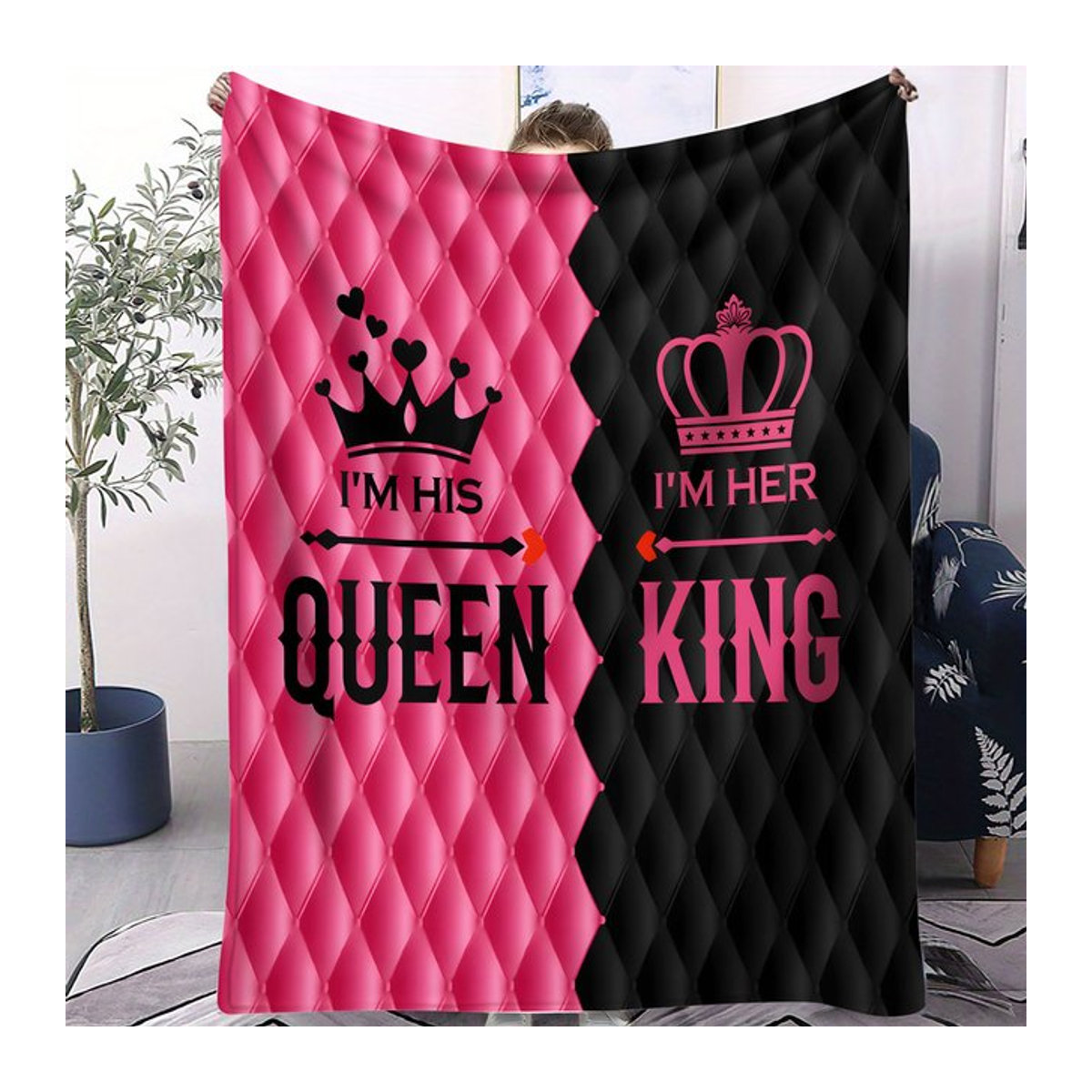 ZIZ Flanelldecke mit Herz- und Kronenprint, mehrfarbig, wärmende Fleece-Decke für Zuhause, Camping oder Reisen - Bild 1