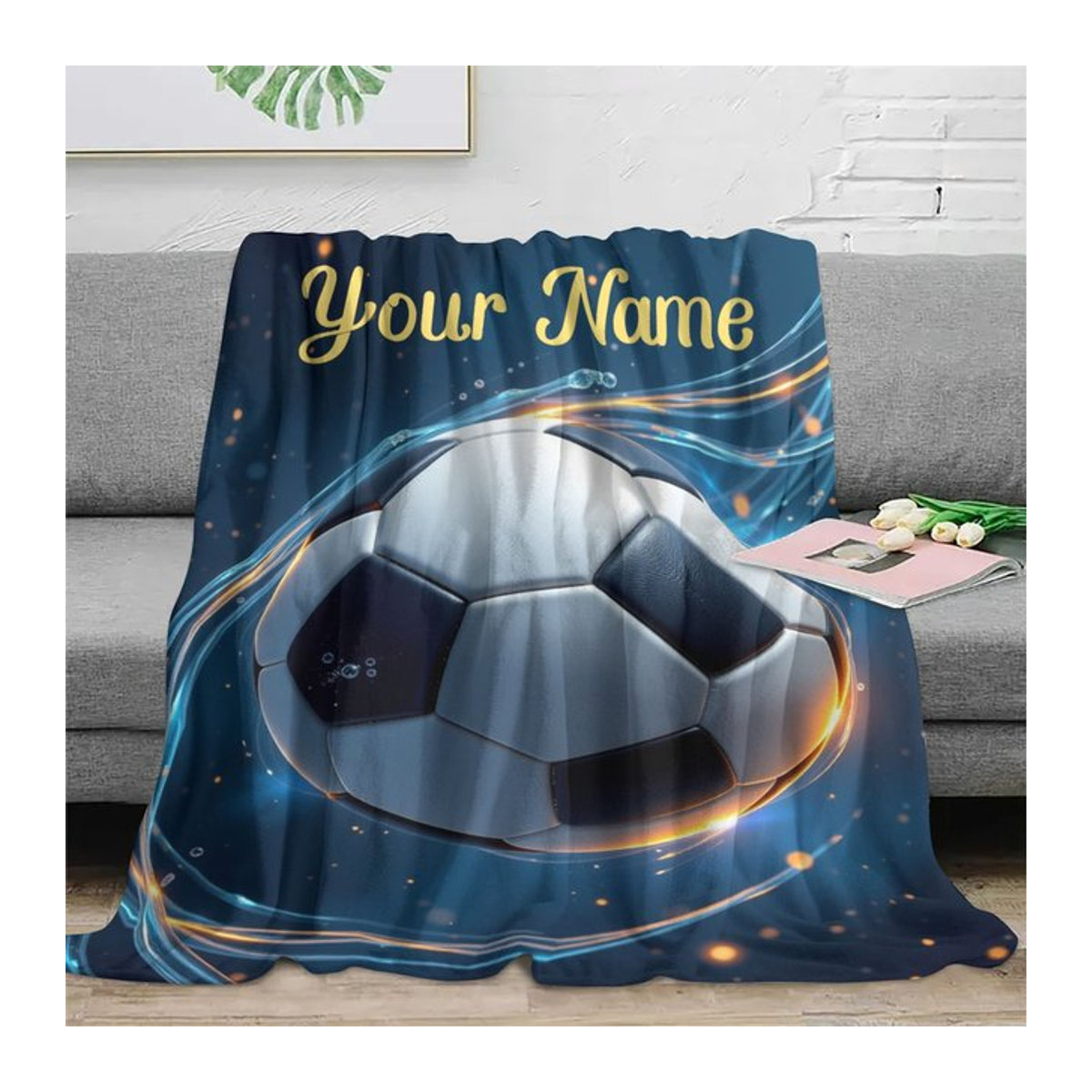 ZIZ Fußballmusterdecke in Blau mit anpassbarem Namen für Sofa, Bett und Camping - Bild 1