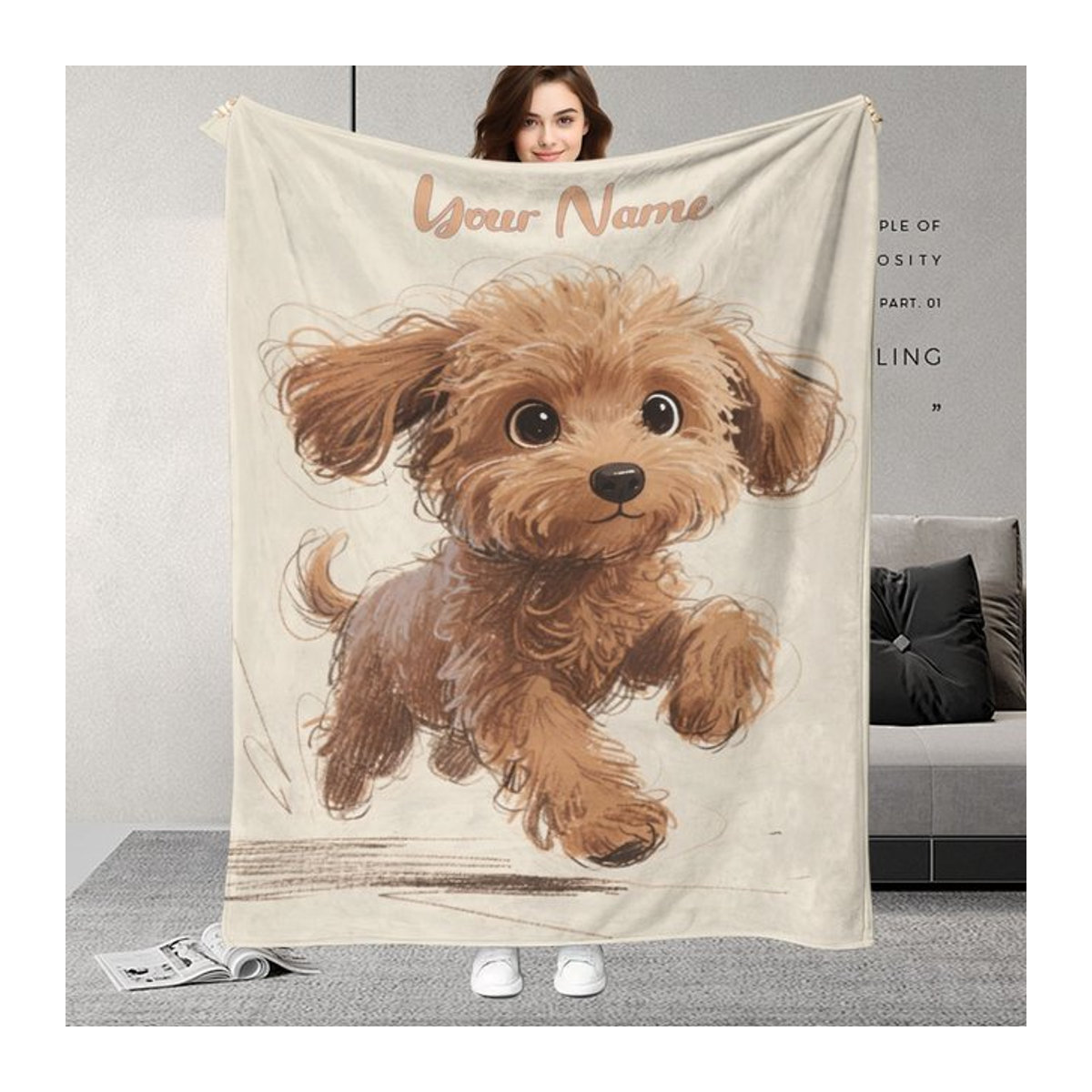 ZIZ Personalisierte Kuscheldecke mit Welpenmuster und braunem lockigem Hundedesign in Braun und Beige - Bild 1