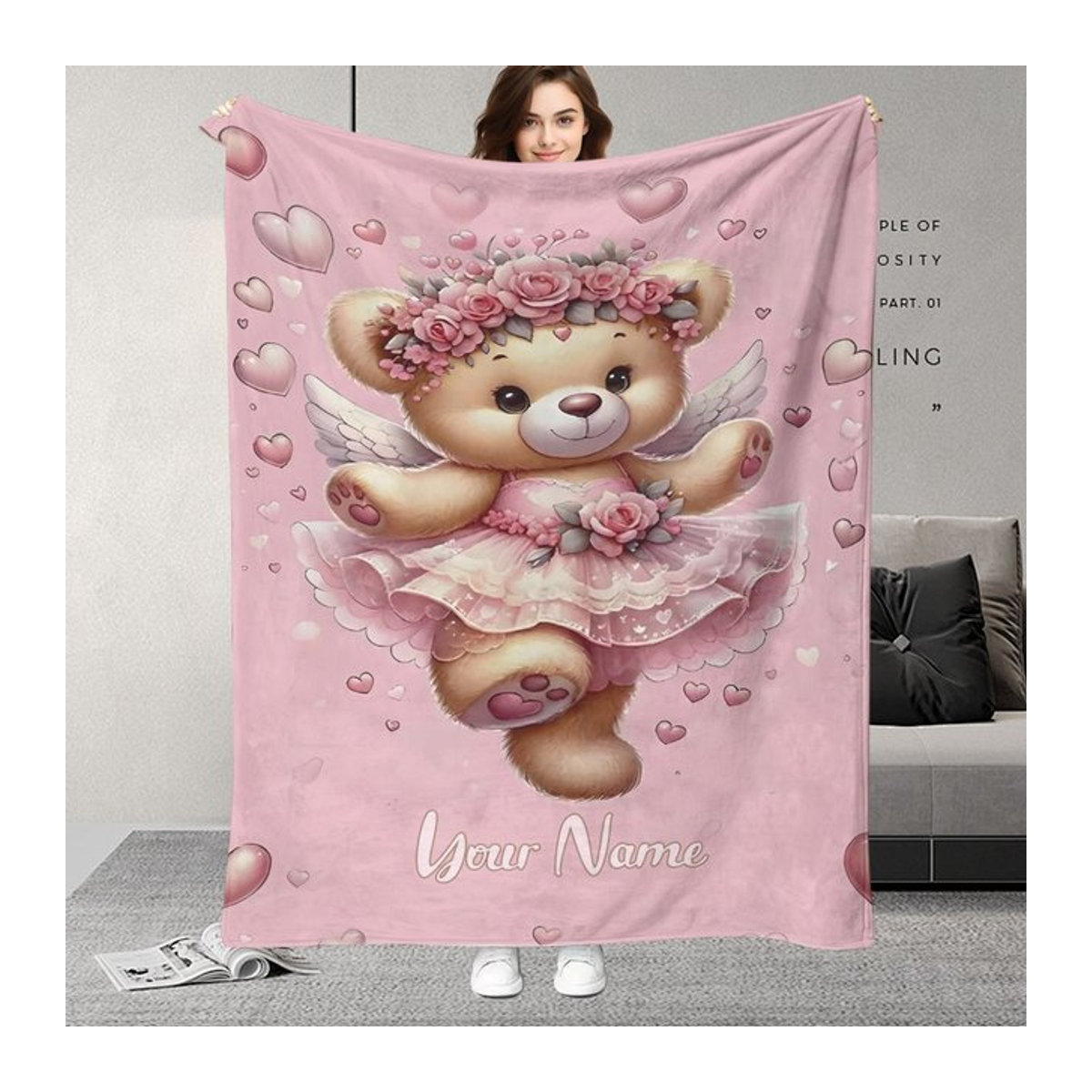 ZIZ Rosa Bär mit Flügeln und floralem Design als personalisiertes Geschenk für Kinder - Bild 1