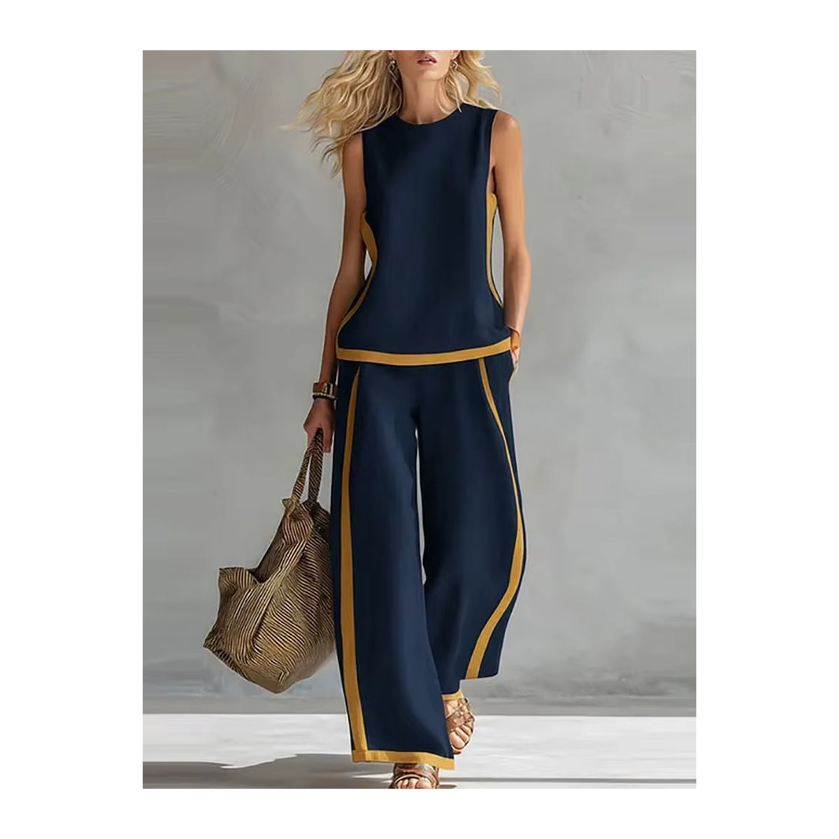 ZJASXMS Damen Sommeroutfit Set aus ärmellosem Oberteil mit O-Ausschnitt und hochtaillierter lockerer Hose in Kontrastfarben - Bild 2
