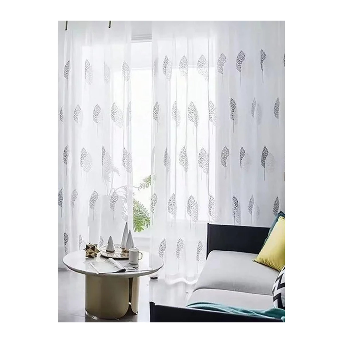 ZJBYZHOUSEHOLD Bodenlanger Vorhang im Nordic Stil mit Baum-Stickerei, transparent und leicht lichtdurchlässig, Farben: Gelb und Weiß - Bild 1