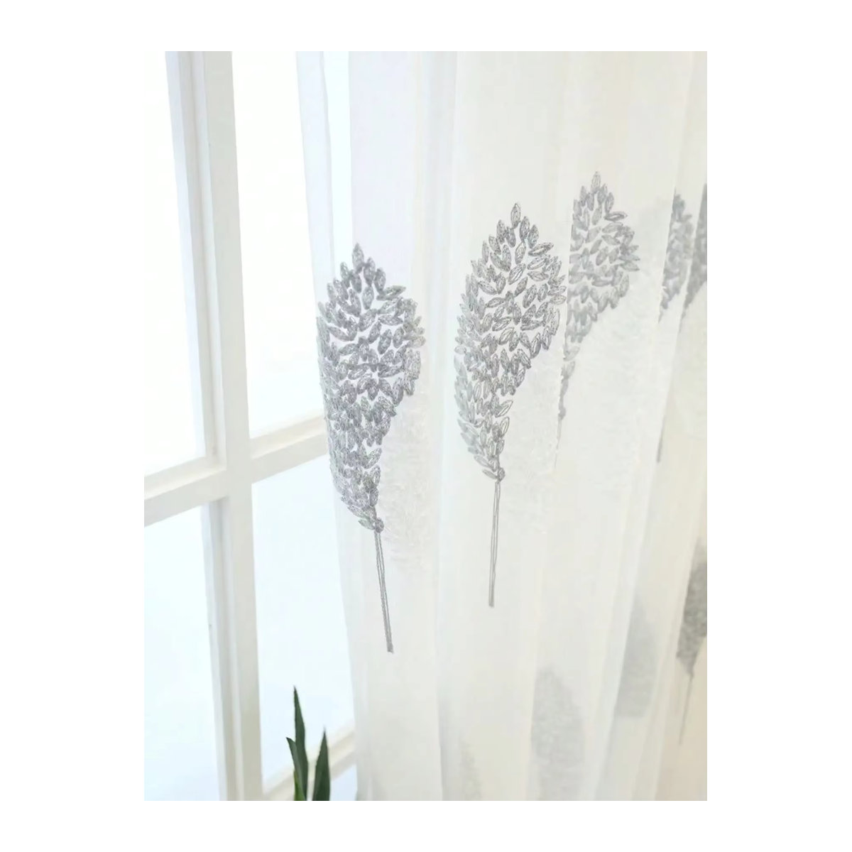 ZJBYZHOUSEHOLD Bodenlanger Vorhang im Nordic Stil mit Baum-Stickerei, transparent und leicht lichtdurchlässig, Farben: Gelb und Weiß - Bild 2