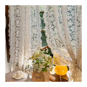 ZJBYZHOUSEHOLD Paar Sheer Vorhang mit Blumenstickerei im französischen Retro-Stil, Spitze, Creme Beige