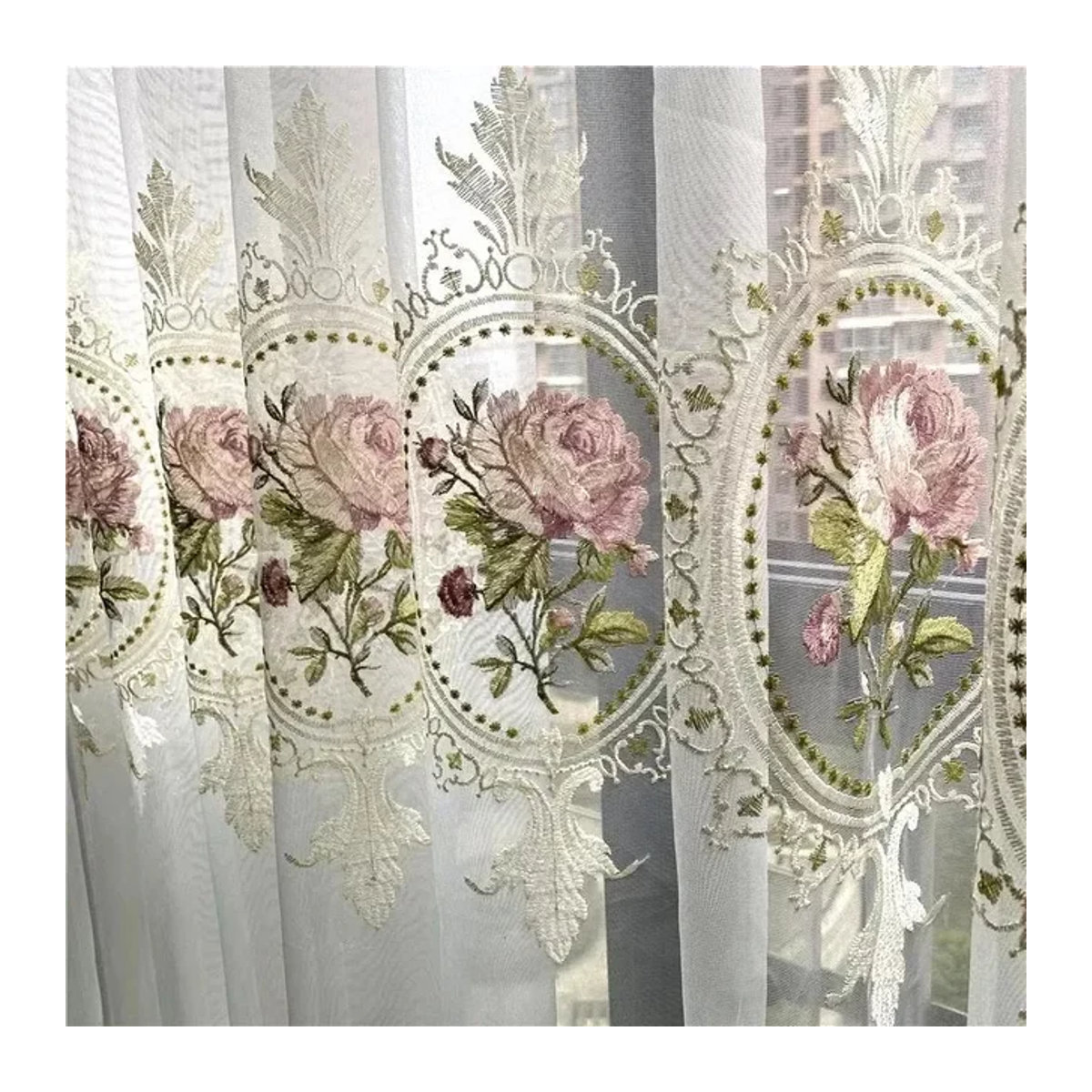 ZJBYZHOUSEHOLD Transparenter Tüll-Vorhang mit eleganter Blumen-Stickerei in Weiß und Grün - Bild 1