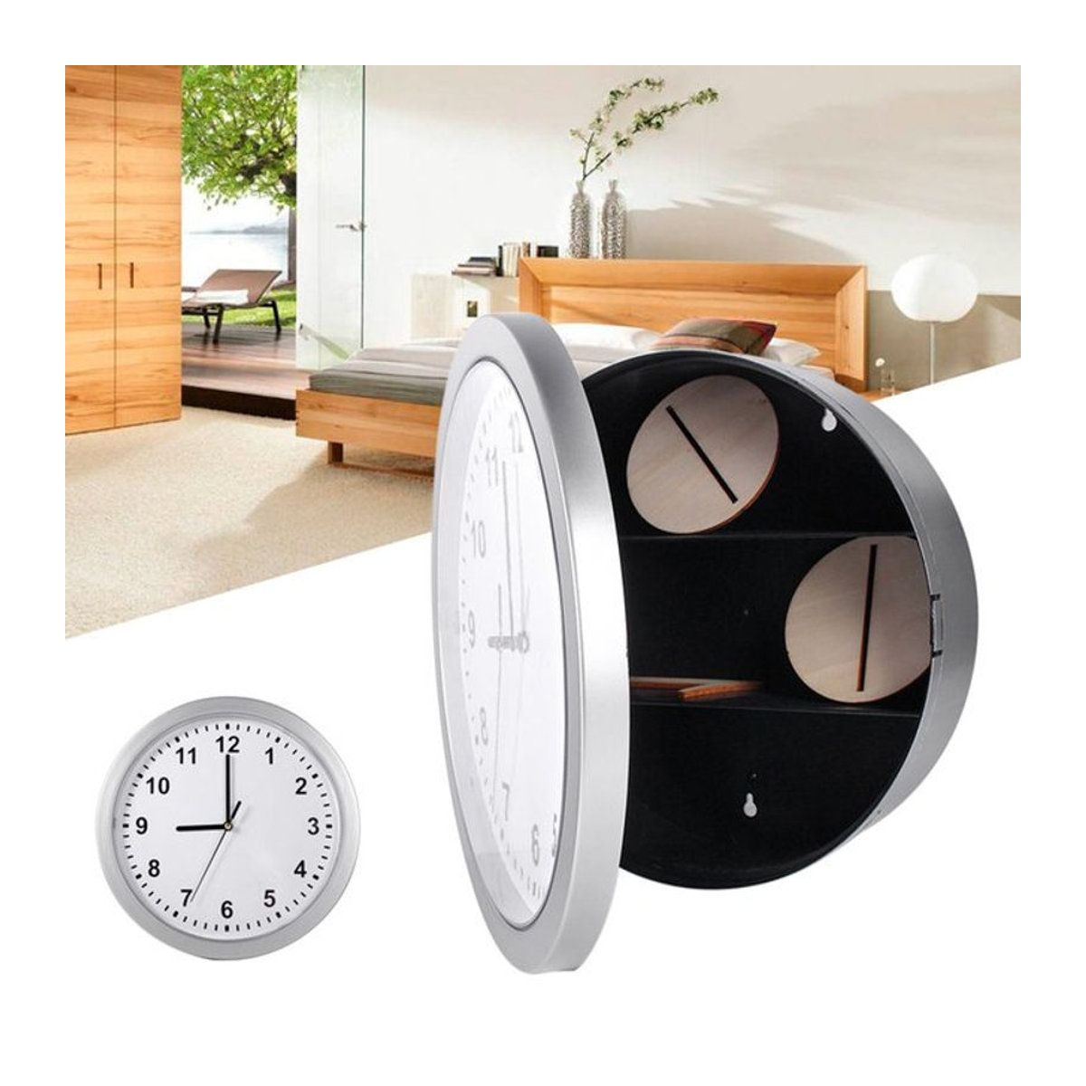 ZJCHAO Geheime Wanduhr als Versteckbox für Geld und Schmuck, rund, Kunststoff, Silber oder Weiß - Bild 1