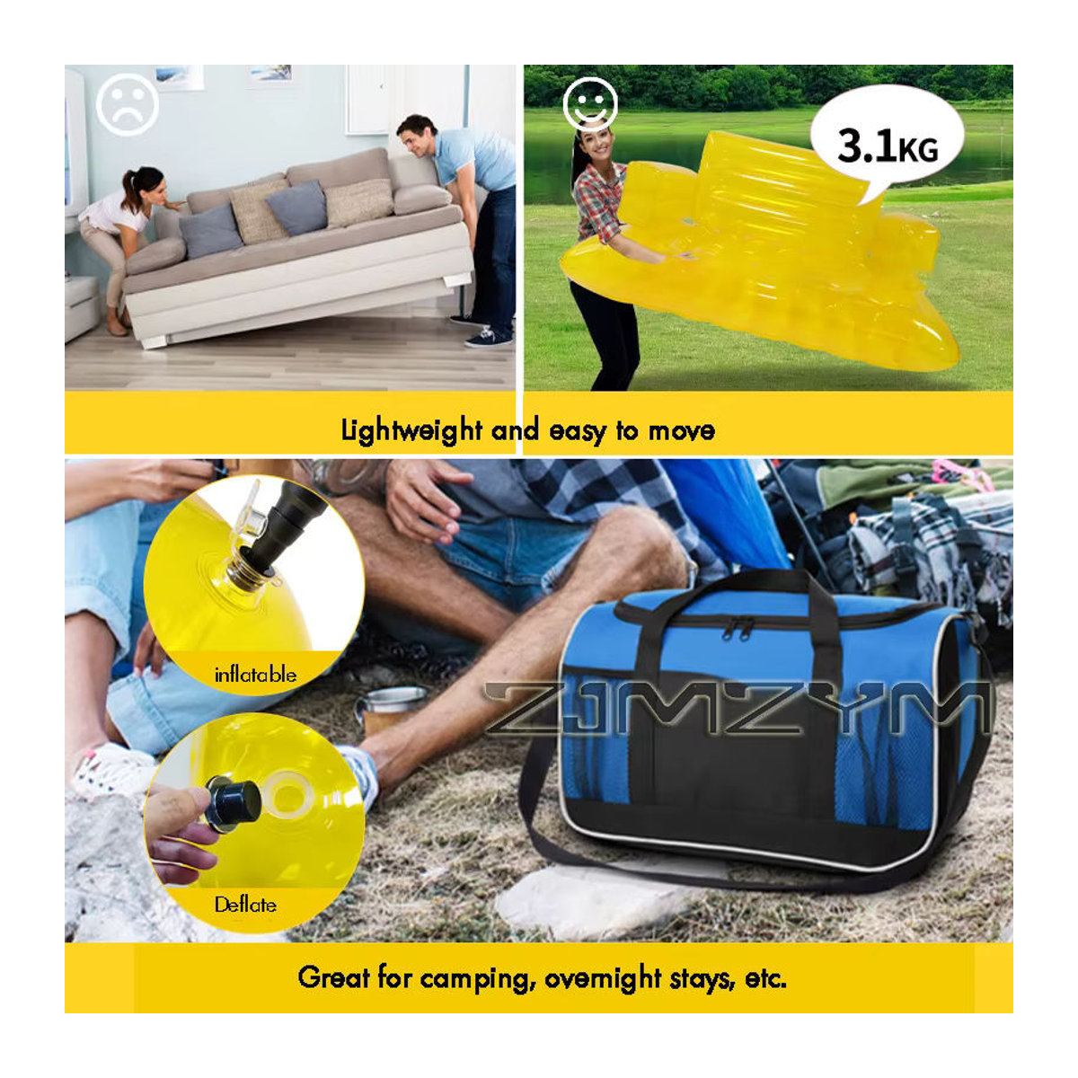 ZJMZYM Aufblasbares Sofa aus transparentem PVC in Gelb, Sitzsack und Liege für das Wohnzimmer - Bild 2