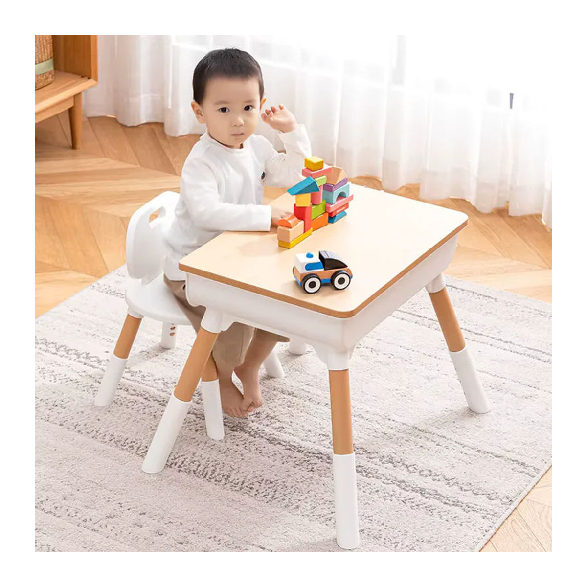 ZJMZYM Multifunktionaler Kindertisch mit Stuhl aus Holz in Weiß, verstellbarer Aktivitäts- und Lerntisch - Bild 2