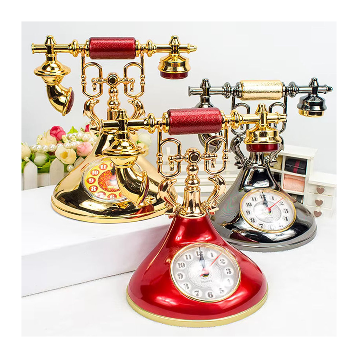 ZJMZYM Retro Telefon Wecker in Rot, Vintage Analog Wecker aus Metall als dekoratives Desktop Ornament für Nachttisch und Zimmer - Bild 2