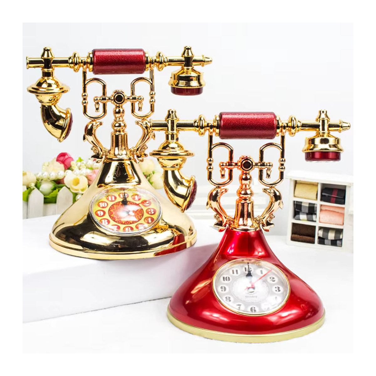 ZJMZYM Retro Telefon Wecker in Rot, Vintage Analog Wecker aus Metall als dekoratives Desktop Ornament für Nachttisch und Zimmer - Bild 3