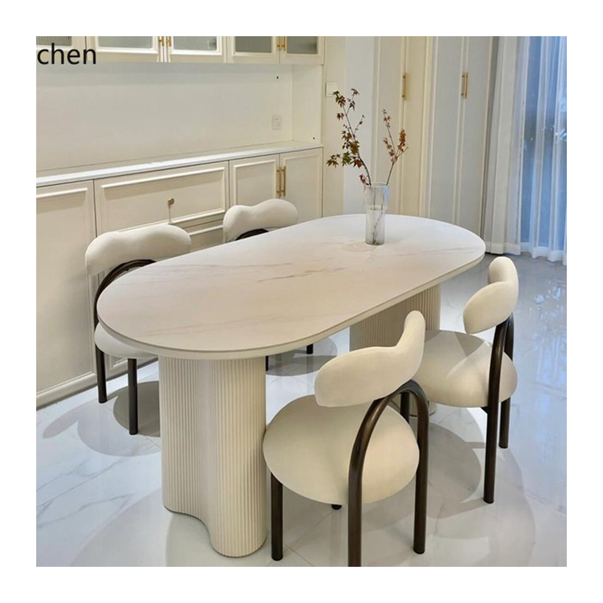 ZML ovaler Esstisch aus Steinplatten in Weiß mit Erdnusssäule im modernen Design - Bild 1