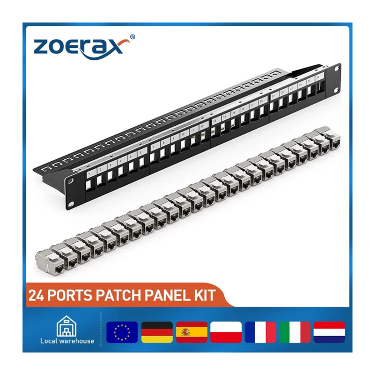 ZoeRax RJ45 Patchpanel Schwarz mit geschirmten CAT7 Keystone-Buchsen, 1U 19-Zoll Patchpanel mit abnehmbarer Rückwand für CAT7/6A Ethernet-Kabel - Bild 1