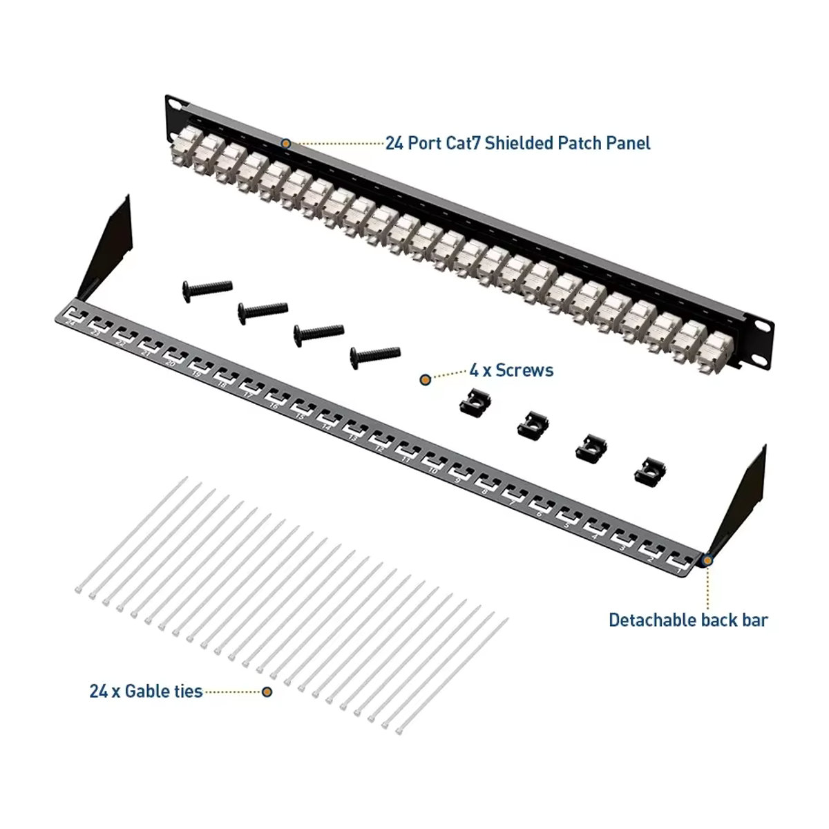 ZoeRax RJ45 Patchpanel Schwarz mit geschirmten CAT7 Keystone-Buchsen, 1U 19-Zoll Patchpanel mit abnehmbarer Rückwand für CAT7/6A Ethernet-Kabel - Bild 6