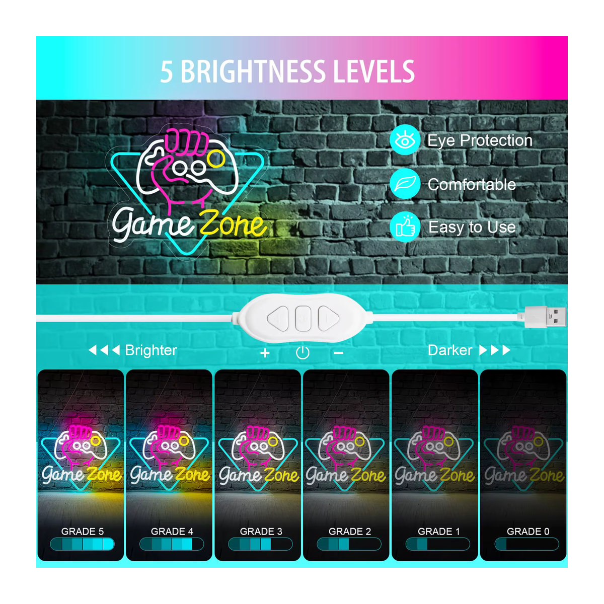 Zome Neon Zeichen LED Wanddeko aus Acryl in Bunt für Gaming und Schlafzimmer, USB Powered, B/H: 41 x 27,5 cm - Bild 2