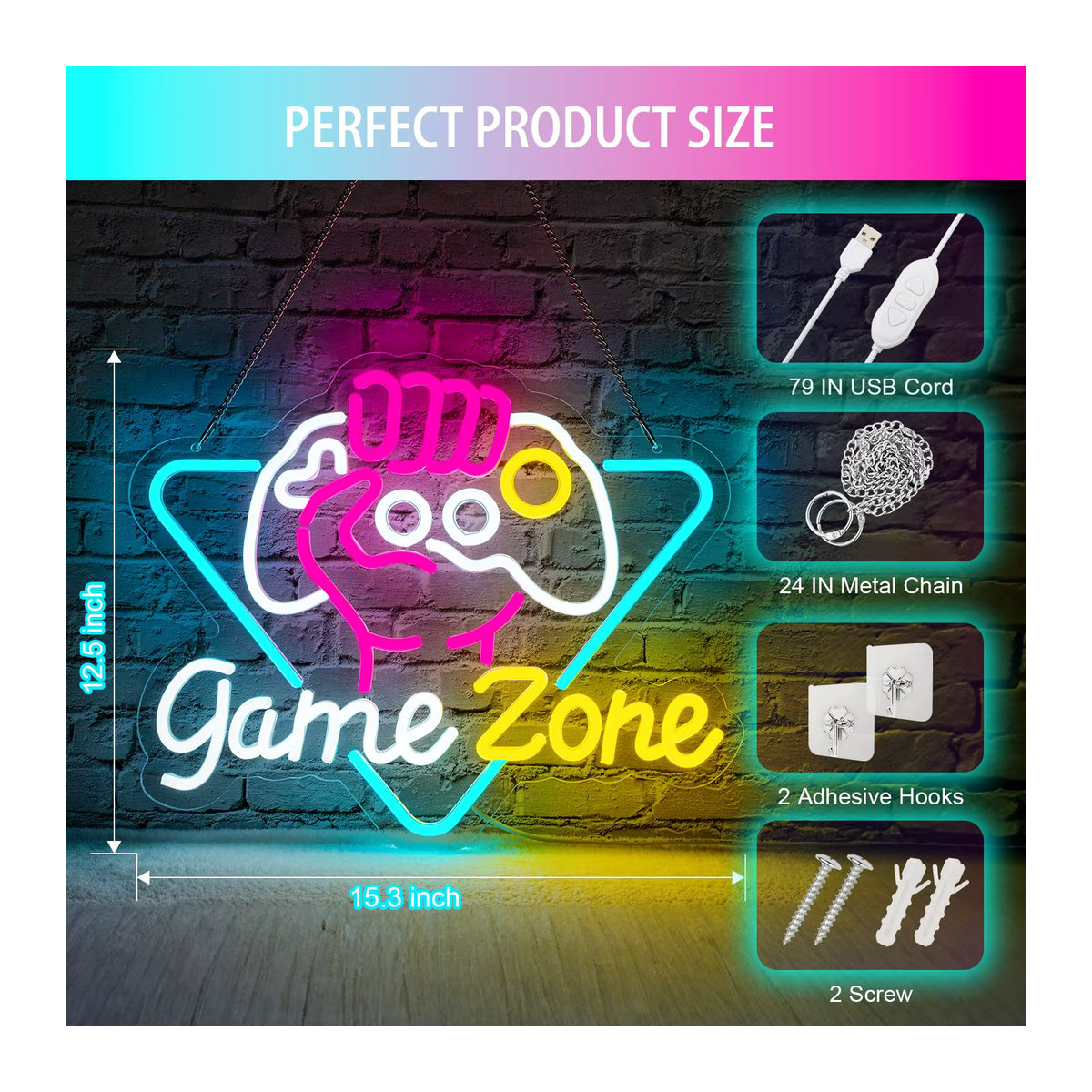 Zome Neon Zeichen LED Wanddeko aus Acryl in Bunt für Gaming und Schlafzimmer, USB Powered, B/H: 41 x 27,5 cm - Bild 3