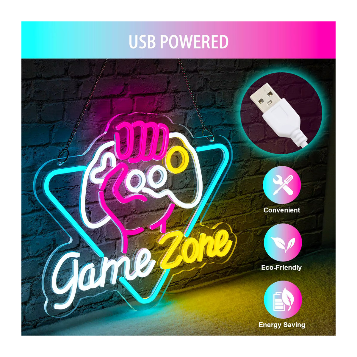 Zome Neon Zeichen LED Wanddeko aus Acryl in Bunt für Gaming und Schlafzimmer, USB Powered, B/H: 41 x 27,5 cm - Bild 4