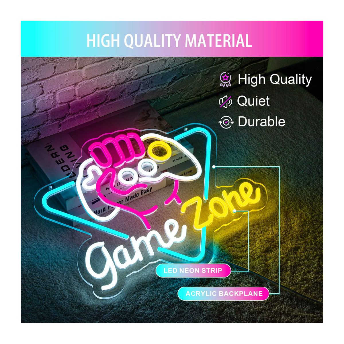 Zome Neon Zeichen LED Wanddeko aus Acryl in Bunt für Gaming und Schlafzimmer, USB Powered, B/H: 41 x 27,5 cm - Bild 5