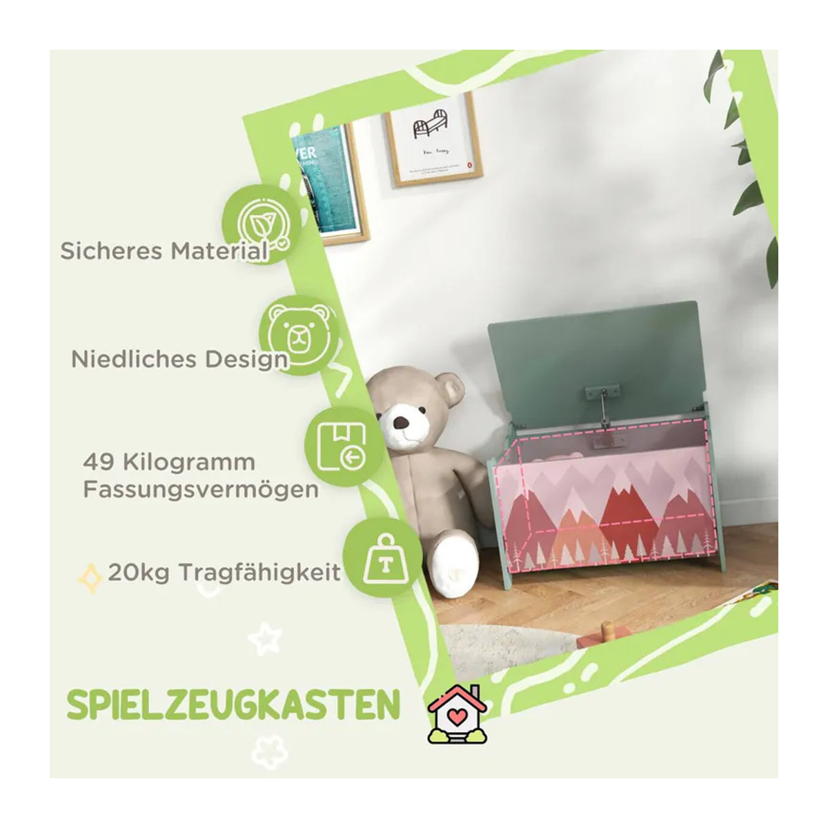 ZONEKIZ Spielzeugkiste mit Deckel und Tierdesign in Grün, B/H/L: 37 x 60 x 39 cm - Bild 3