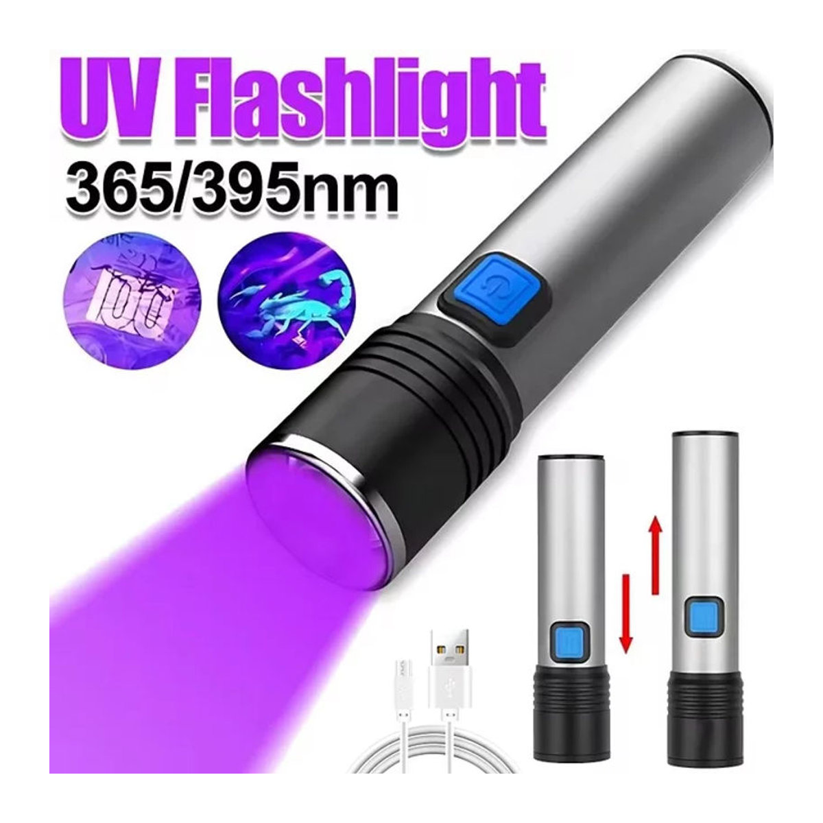 Zoombare UV-Taschenlampe mit 395nm Schwarzlicht, USB wiederaufladbar zur Harzhärtung und Tierkennzeichnung - Bild 1