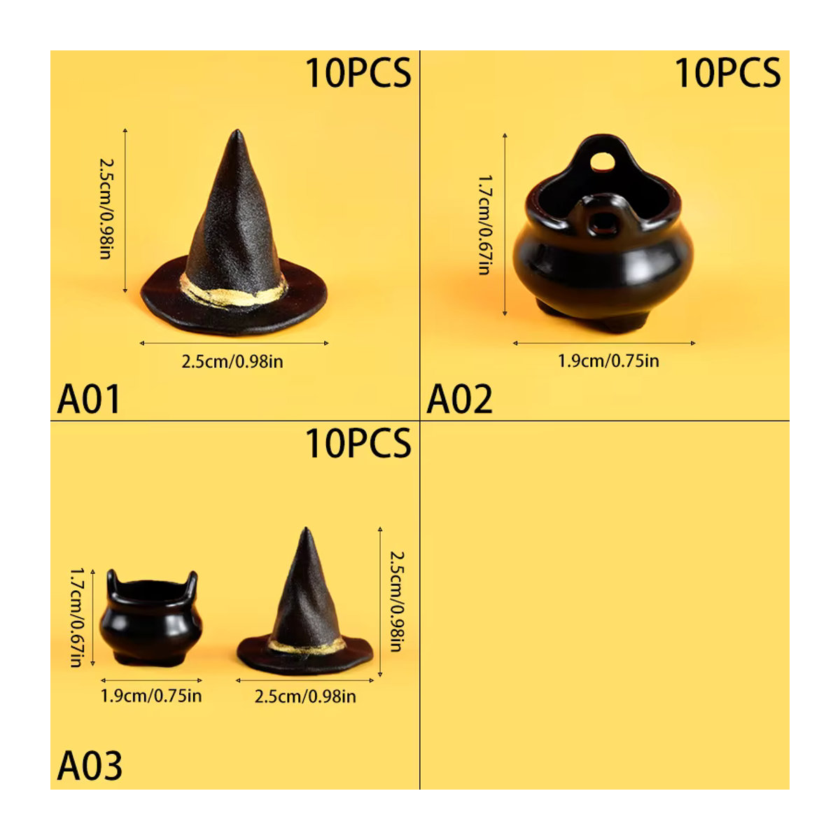 ZQCXLD 10er Set Halloween Miniatur Dekorationen aus Kunstharz mit Hexenhüten und Kesseln in Schwarz für DIY Handwerk und Party Tischdeko - Bild 6