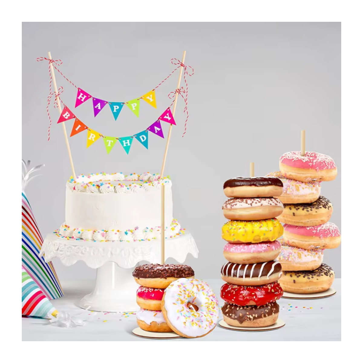 ZQCXLD Donutständer aus Holz in Braun und Beige für Hochzeit und Geburtstag, Geometrisches Dessert-Display für deine Party-Dekoration - Bild 2
