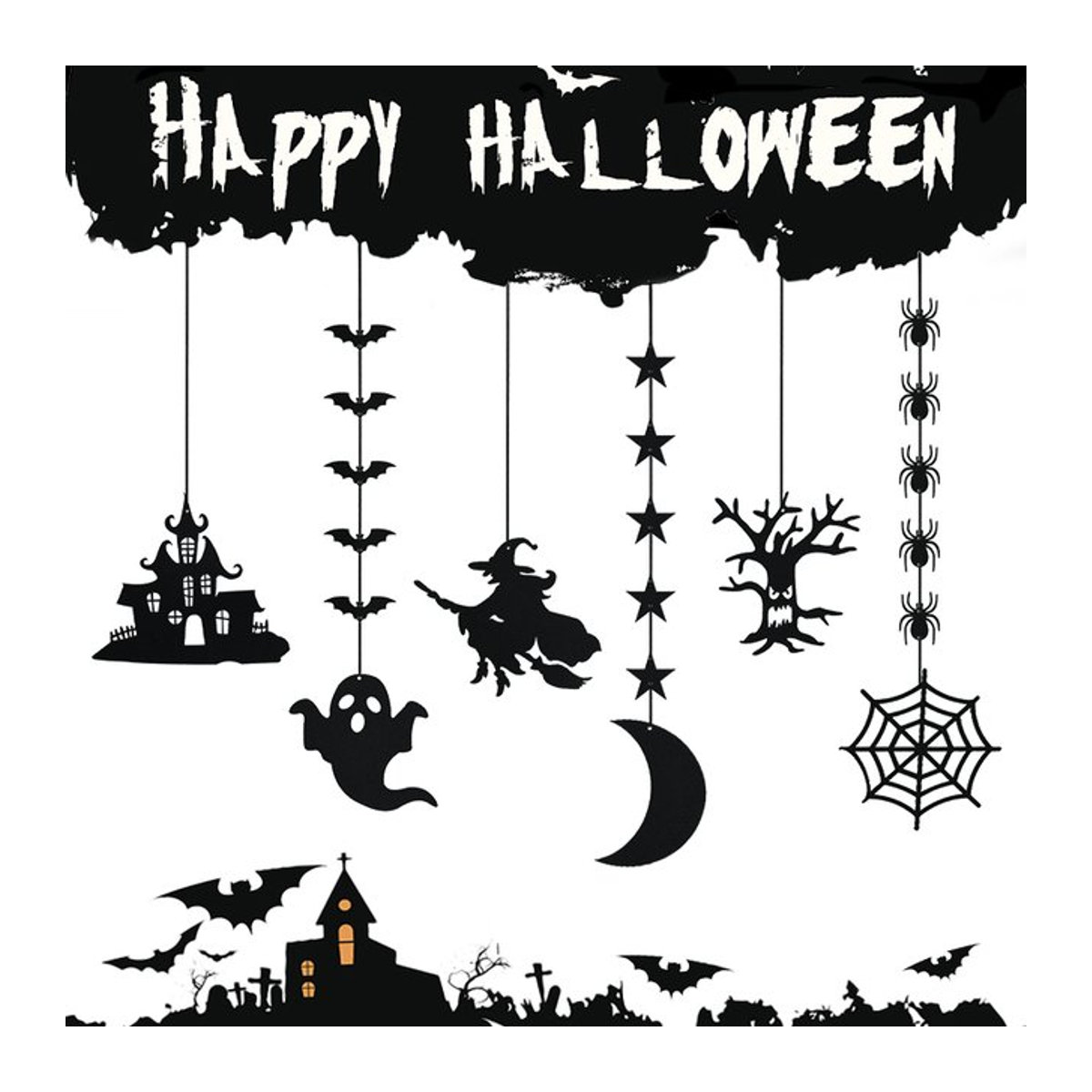 ZQCXLD Halloween Girlande aus Filz mit Spinne, Geist und Fledermaus in Schwarz, 6er Set hängende Partydekoration im Gothic Stil - Bild 1