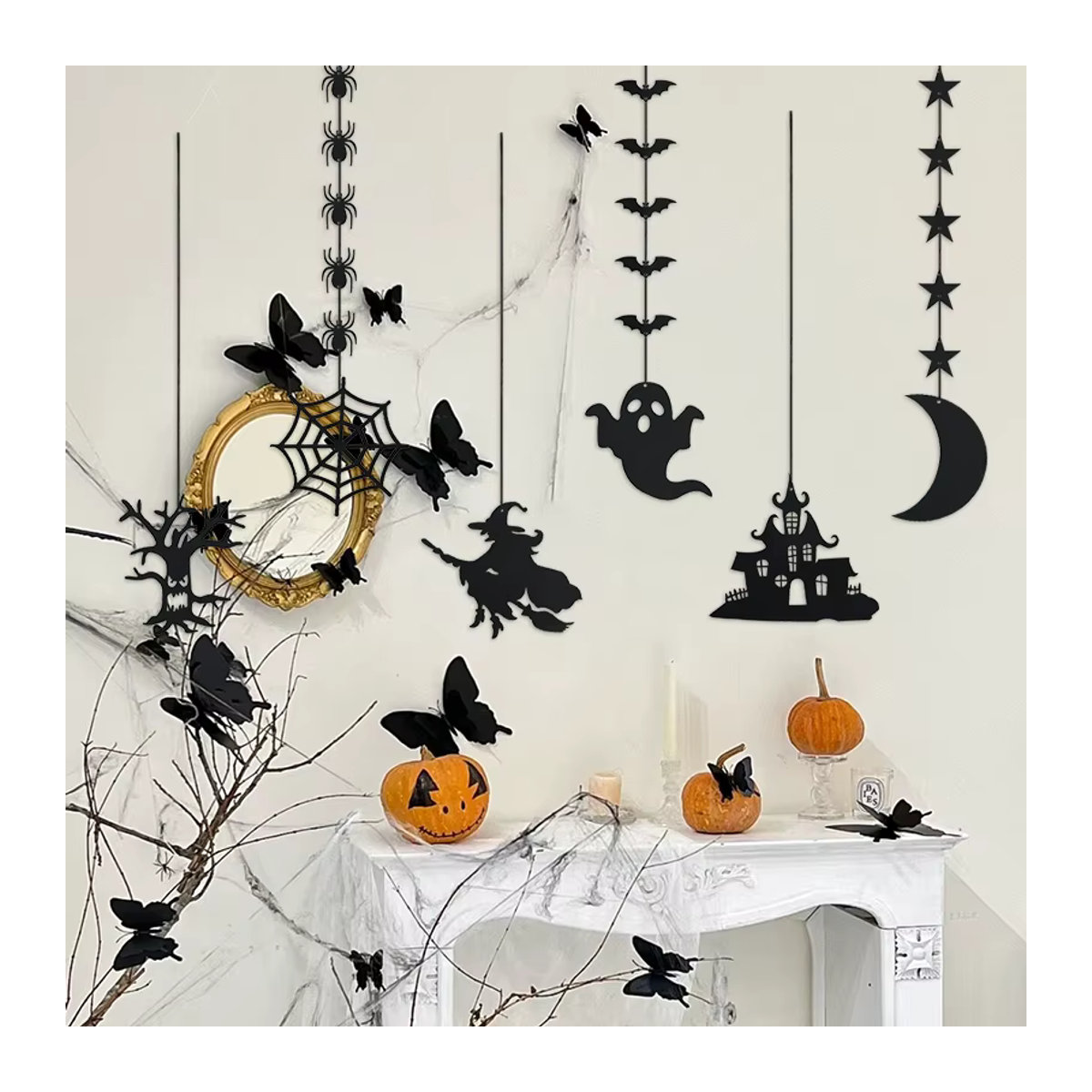 ZQCXLD Halloween Girlande aus Filz mit Spinne, Geist und Fledermaus in Schwarz, 6er Set hängende Partydekoration im Gothic Stil - Bild 3