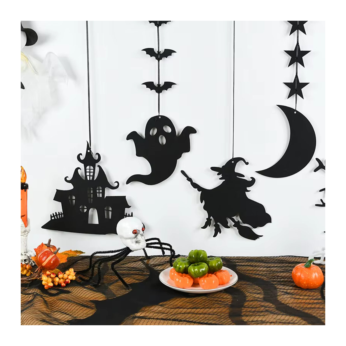 ZQCXLD Halloween Girlande aus Filz mit Spinne, Geist und Fledermaus in Schwarz, 6er Set hängende Partydekoration im Gothic Stil - Bild 4