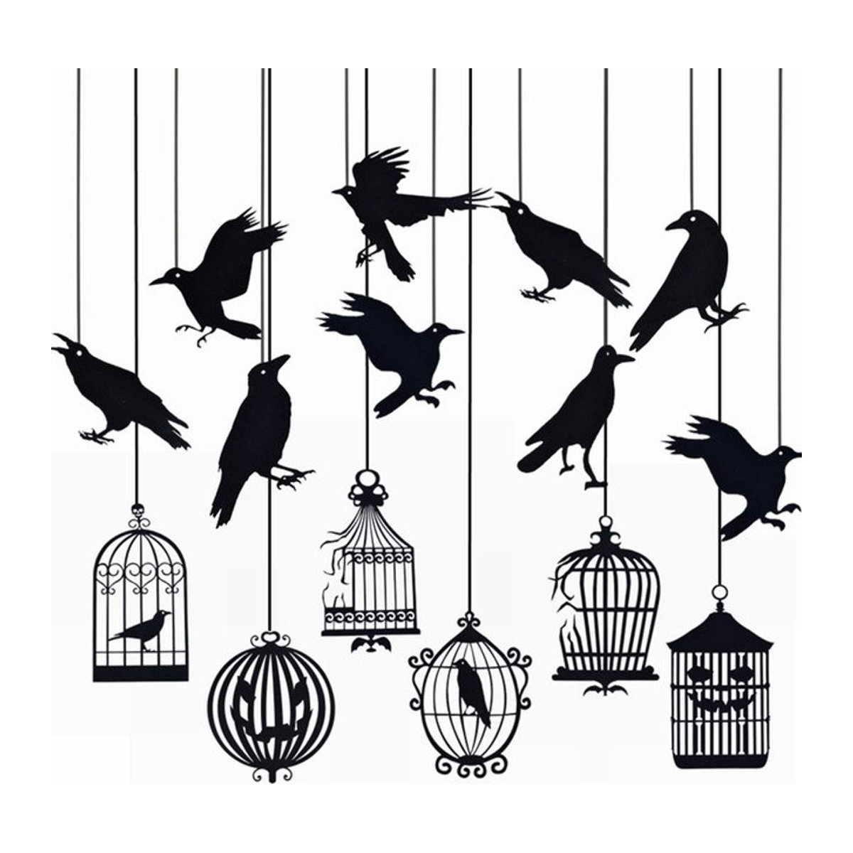 ZQCXLD Halloween Girlande mit schwarzen Papier-Krähen und Vogelkäfig-Anhängern zur Dekoration für Party und Spukhaus - Bild 1