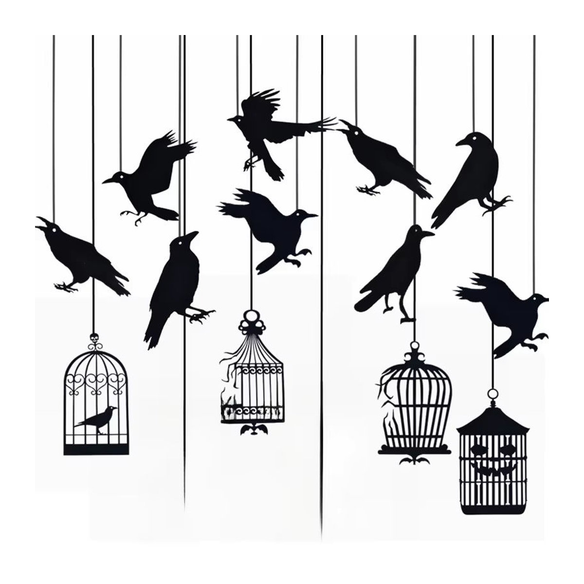 ZQCXLD Halloween Girlande mit schwarzen Papier-Krähen und Vogelkäfig-Anhängern zur Dekoration für Party und Spukhaus - Bild 6