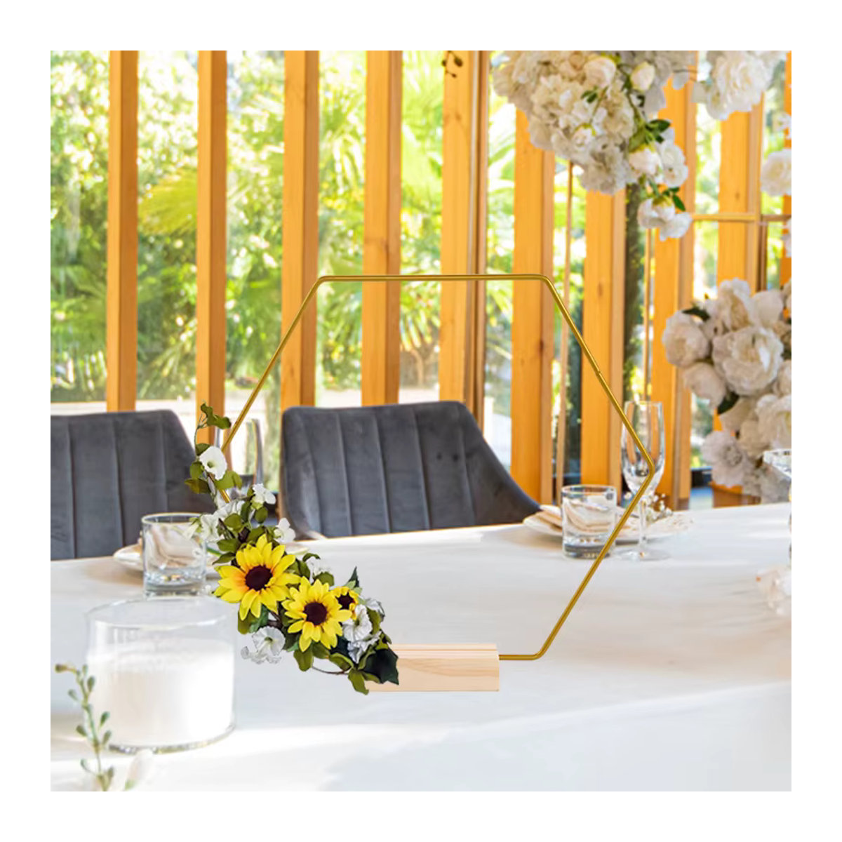 ZQCXLD Hochzeitskranz aus Metall mit künstlichen Blumen und Holzsockel, Gold, Durchmesser: 20-35 cm - Bild 2
