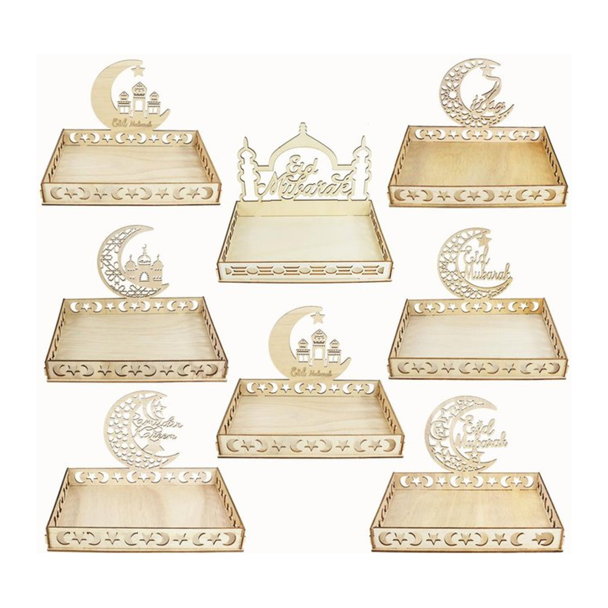 ZQCXLD Holztablett Eid Mubarak mit Mond- und Sternmotiv in Beige, Rechteckiges Orientalisches Tischdekor für Ramadan Kareem - Bild 1